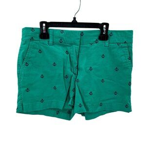 British Khaki Womens Green Shorts W/Navy Anchor Print Size 6 Cotton Blend Casual